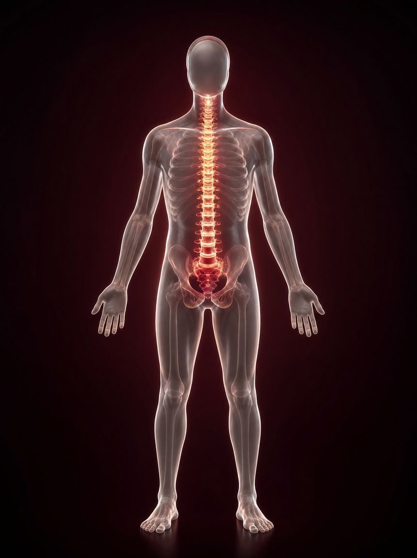 Illustrated glass anatomical figure with the spine highlighted